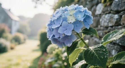 Blooming hydrangeas in a serene garden, lush greenery under soft sunlight. Peaceful countryside charm and natural beauty.