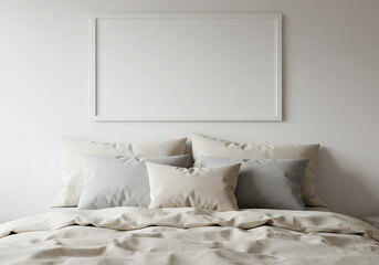 Bedroom interior mockup with pillows and frame on wall for design asset