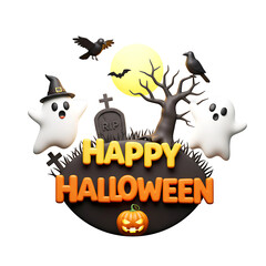 Fototapeta premium Happy Halloween Ghost Scene with Graveyard and Moon On Transparent Background