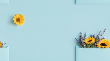   A blue wall adorned with vases containing flowers and a clock on its side
