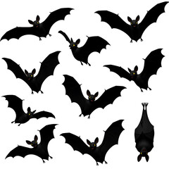 Obraz premium Black Bat Icons with Wings Spread On Transparent Background