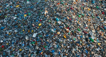 Plastic Waste Landfill Aerial View - A high-angle shot of a massive pile of plastic waste in a landfill. The shows a large quantity of plastic debris