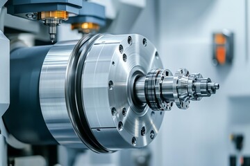 Close up of an industrial turning machine with rotating tool on aluminum barrel in modern setting