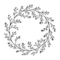 Detailed Botanical Wreath with Fine Leaves. A detailed botanical wreath composed of fine hand-drawn leaves arranged in a circular form, perfect for elegant invitations and branding.