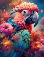 Fototapeta premium A vibrant pastel painting of a parrot among colorful tropical flowers, featuring soft textures, intricate details, and layered strokes for a dreamy, exotic, and artistic look.