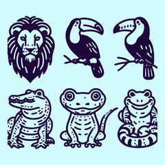 A cute and funny collection of cartoon animals including birds, cats, dogs, elephants, lions, pigs, and more in a fun, wild, and colorful design for children