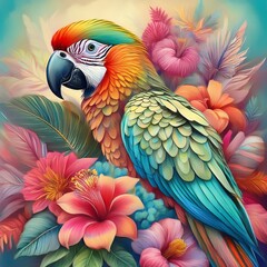 Obraz premium A vibrant pastel painting of a parrot among colorful tropical flowers, featuring soft textures, intricate details, and layered strokes for a dreamy, exotic, and artistic look.
