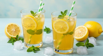 Fototapeta premium Refreshing Lemonade and Mint Drinks - Two glasses of iced lemonade with lemon slices and mint, symbolizing refreshment, summer, health, vitality, and happiness