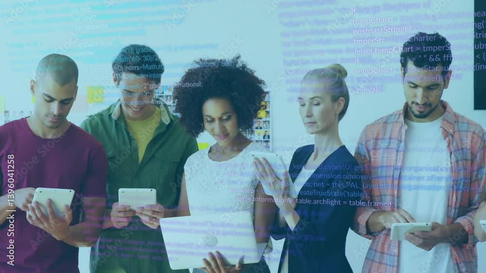 Poster using digital devices, diverse group in school with programming code animation