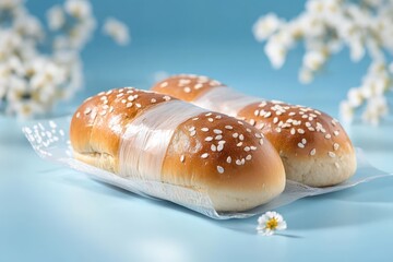 Two fresh baked sesame seed buns resting on a paper liner
