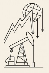 Fototapeta premium Illustration of oil rig and declining graph represents global economic downturn.