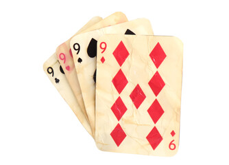 Old vintage playing cards isolated on white