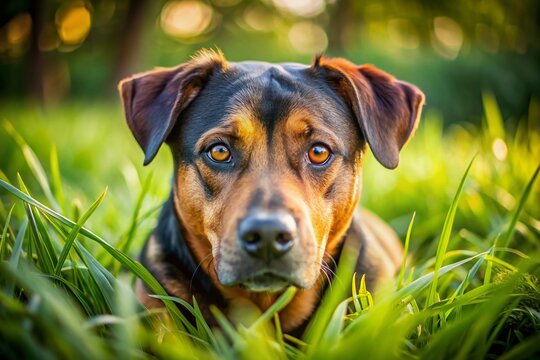 Macro Photography of Pitweiler Dog Relaxing in Green Grass