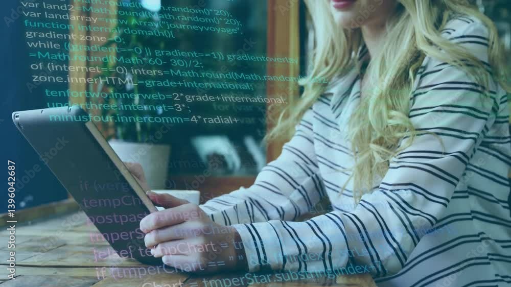 Poster woman using tablet with code and data processing animation overlay