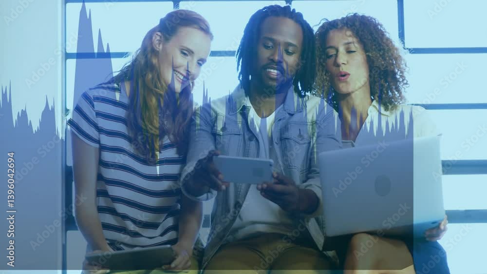 Poster diverse group using digital devices with financial data animation overlay