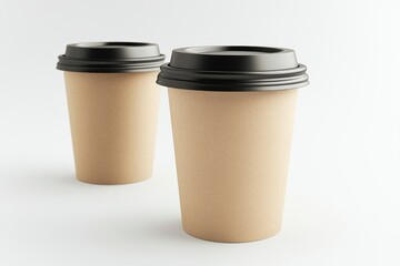 Two Paper Coffee Cups with Black Lids on Clean White Background