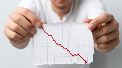 A person is holding a piece of paper with a downward trend line on it. Falling stock charts on the screen.