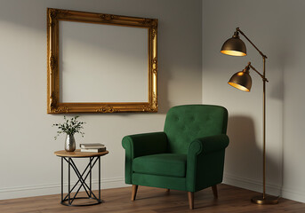 Green armchair and gold frame interior design home decor living room idea