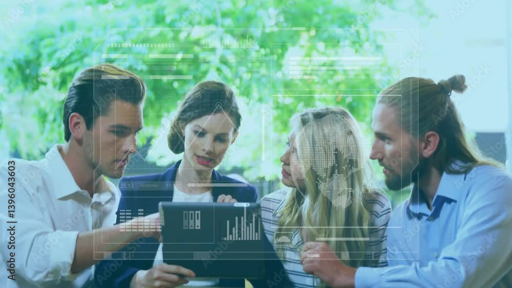 Poster discussing business data with digital analytics overlay, team using tablet in office
