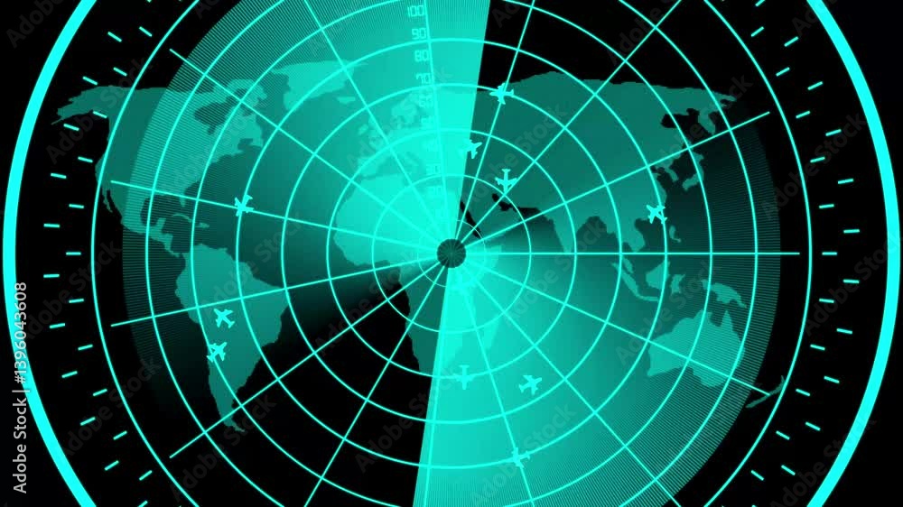 Poster radar screen animation on black background. signal transmitted sonar radar. radar point detect enemy