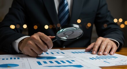 A businessman analyzing charts with a magnifying glass in a dark office environment setting
