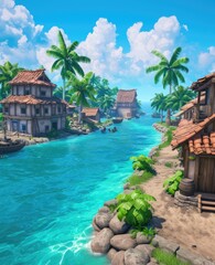 Tropical Island Village Canal Scene Quaint Houses Lush Palms Turquoise Waters