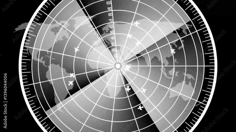 Poster an air traffic control tower equipped with radar. high-tech hud radar scanner for flight coordinates