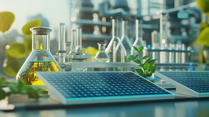 Bright Future: Green Energy Lab with Solar-Powered Devices and Innovative Sustainable Solutions, 3D Illustration with Copy Space
