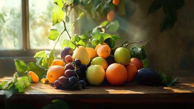Still life of assorted fruits on a wooden table near a window with natural light shining through it
