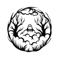 Silhouette Ghostly Apparition with Flowing Form and Open Arms Black on White Isolated