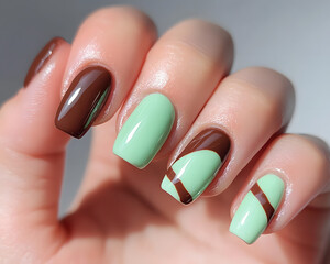Obraz premium A delightful blend of mint green and rich chocolate nails celebrate creativity and joy.