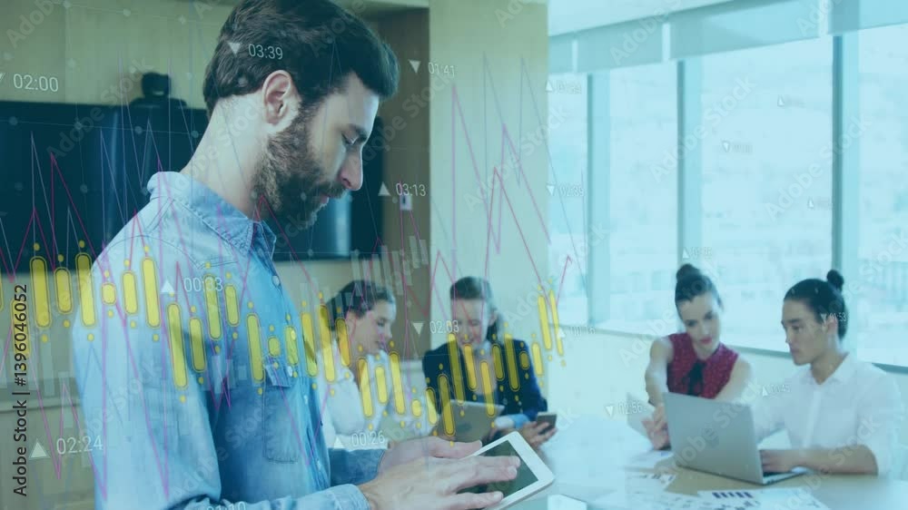 Poster using digital tablets and laptops, business team analyzing data with animation overlay