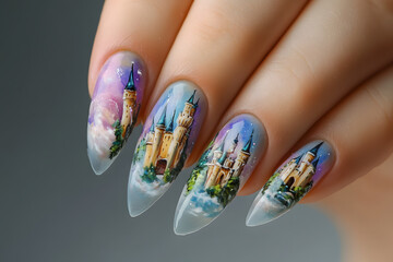 Enchanting nail art featuring dreamy castles against a magical backdrop.