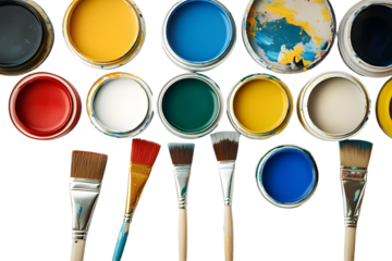 PNG, Paint, cans of paint and painting tools, top view, with space for text, isolated on white background