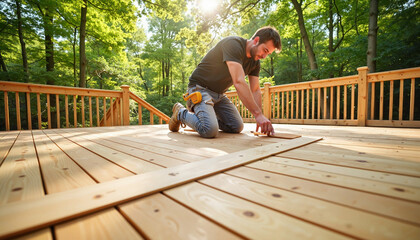 Person renovating outdoor deck in sunny backyard, home improvement