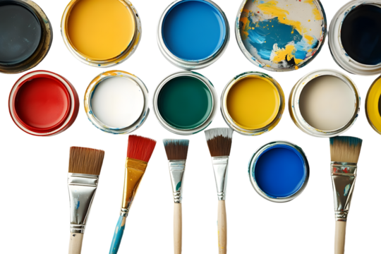 PNG, Paint, cans of paint and painting tools, top view, with space for text, isolated on white background - Powered by Adobe