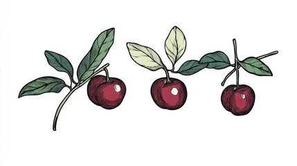 Minimal Simple Hand-Drawn Lingonberry Illustration with Deep Colors, Three Ripe Berries and Leaves, Detailed Sketch Style, Perfect for Food Art, Prints, and Design on white background.