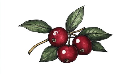 Minimal Simple Hand-Drawn Lingonberry Illustration with Deep Colors, Three Ripe Berries and Leaves, Detailed Sketch Style, Perfect for Food Art, Prints, and Design on white background.