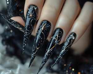 Intricate, long black nails adorned with celestial motifs, radiating a mystical allure.