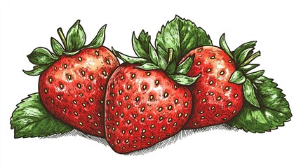 Minimal Simple Hand-Drawn Strawberry Illustration with Vibrant Colors, Three Ripe Berries and Leaves, Detailed Sketch Style, Ideal for Food Art, Prints, and Design on white background.