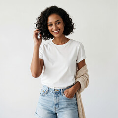 Casual woman with a beige cardigan, looking cheerful