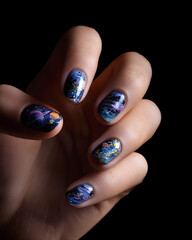 A stunning display of nail art depicting the majestic Neptune planet against a cosmic backdrop, evoking wonder and creativity.