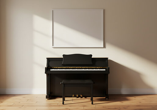 Black upright piano with bench and blank canvas wall art mockup scene