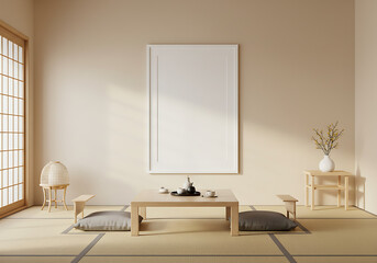 Japanese interior design mockup with tatami mat and tea table zen style