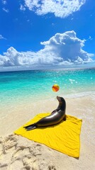 Obraz premium A marine mammal relaxes on a yellow towel at a tropical beach under a bright blue sky. A colorful ball floats above the marine mammal.