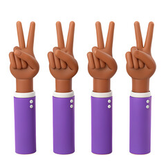 Fototapeta premium 3D render of four cartoon hands with brown skin showing the peace sign on a transparent background