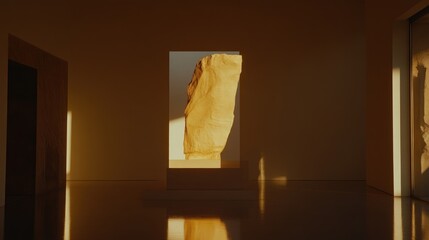Empty sunlit interior with a golden rock
