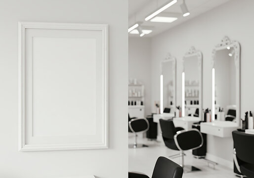 Blank frame mockup in modern hair salon interior design for advertising