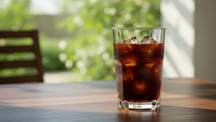 coke in a clear glass with condensation, sitting on a trendy café table in summer.