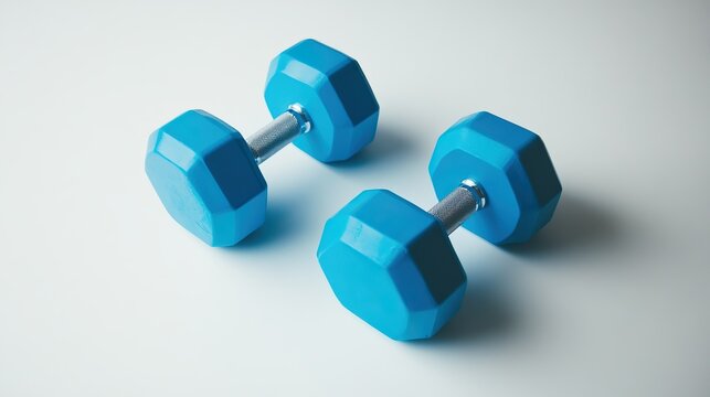 On a white background, blue 2kg dumbbells for strength training.
